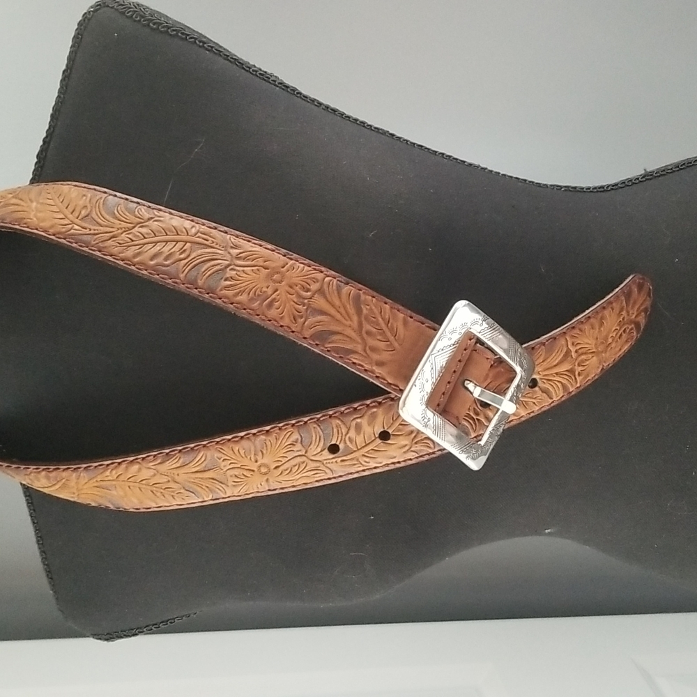 Brighton Tooled Brown Leather Belt with Silver Buckle